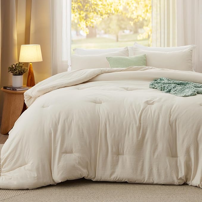 Bedsure Oversized Queen Comforter Set, Cream Soft Prewashed Bedding - Image 2