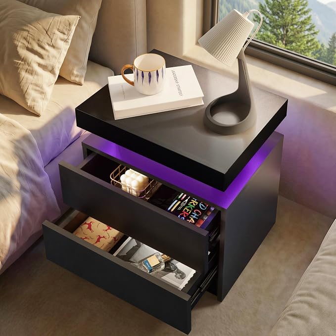 LED Nightstand with Wood 2 Drawers Modern Bedside Table - Image 4