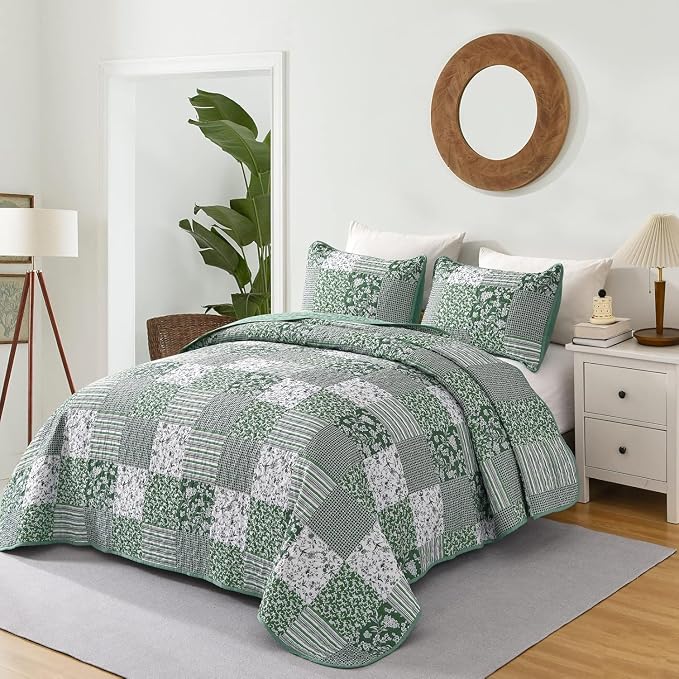 Mybedsoul Green Quilt Set Full Size, Patchwork Reversible Bedding Set | Soft - Image 2