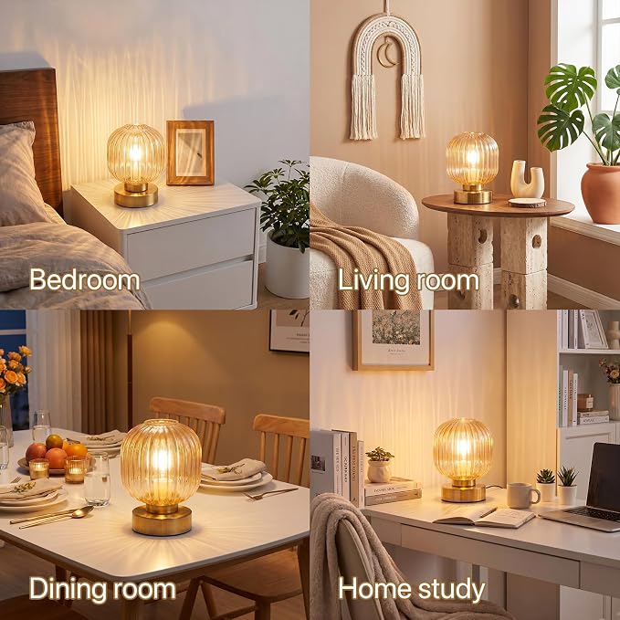 Elenhome Amber Touch Glass Table Lamp, 3-Way Dimmable Bedside Lamp, Vintage - Image 4