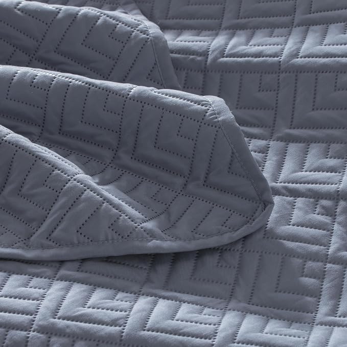 EXQ Home King Size Quilt Set Squares Pattern Bedding Set Bluish Grey | Soft - Image 6