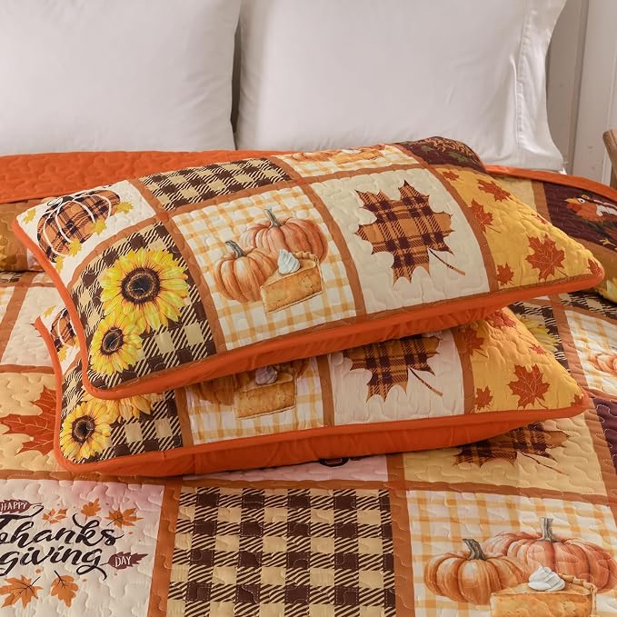 Anibedding 3Pieces Fall Patchwork Quilts Queen Size, Pumpkin Maple Leaves - Image 5