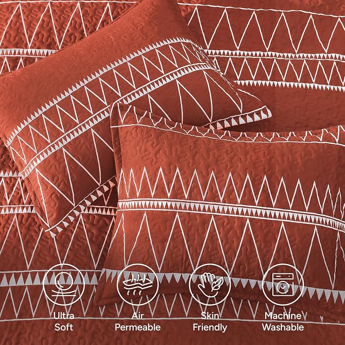 Burnt Orange Cal King Quilt Set, 3 Pieces Boho Striped Bedspread | Soft - Image 5