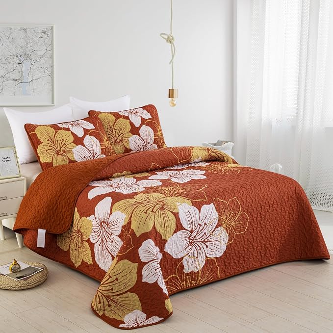 DJY 3 Pieces Fall Quilt Set King Gold Floral Pattern Quilt Coverlet Set Boho - Image 2