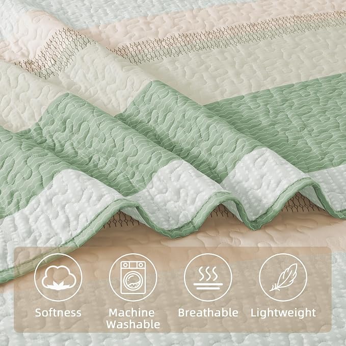 Queen Quilt Set Mint Pink, 3 Pieces Striped Bedspread | Ultra Soft Summer - Image 5