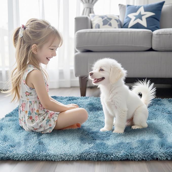 Small Shag Area Rug for Bedroom, 2x3 Dark Blue Tie-Dyed Soft Plush Carpet | - Image 3