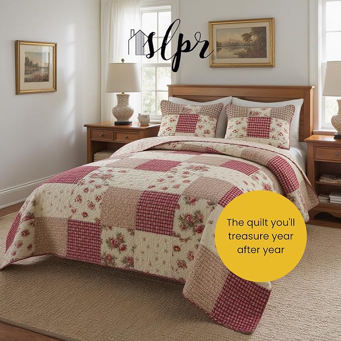 SLPR - Country Roses Red Floral Patchwork Quilt Set, Twin - Image 7