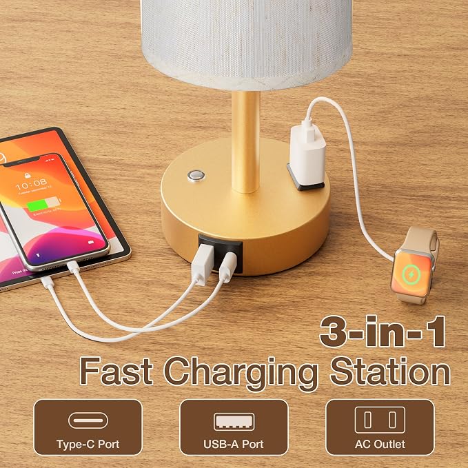 Gold Touch Bedside Lamp for Bedroom, Stepless Dimmable, USB A+C, AC Outlet | - Image 4