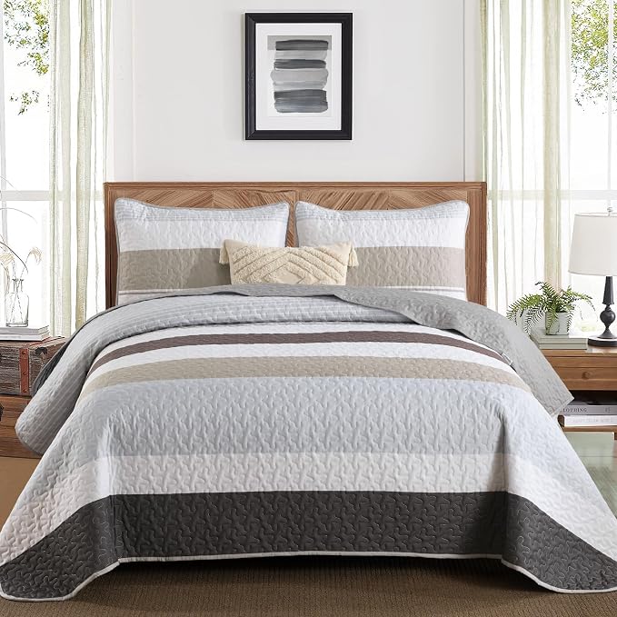 Dinjoy Queen Size Boho Stripe Quilt Set, Breathable All-Season, 3-Piece Set by DINJOY