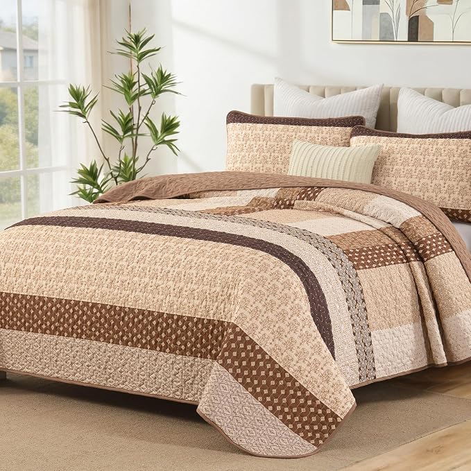 WONGS BEDDING Brown Stripe Quilt Set, 3 Pieces Boho Bedspread Queen Size | by WONGSBEDDING