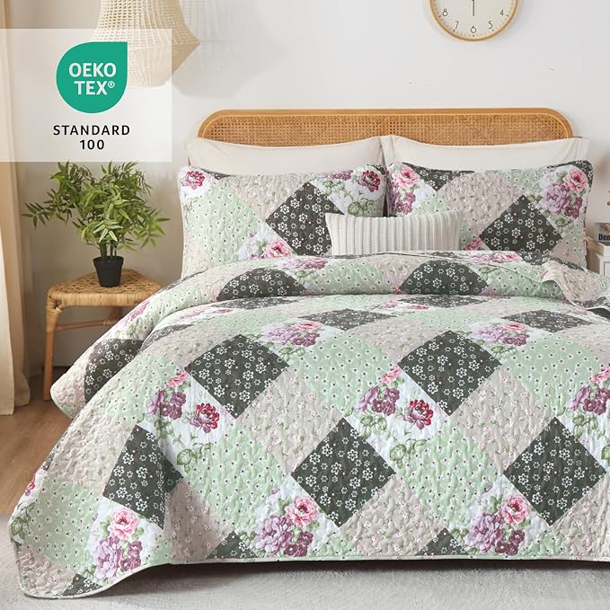 Dinjoy Boho Quilt Set King Size, Patchwork Floral Bedspreads, Reversible Summer - Image 2