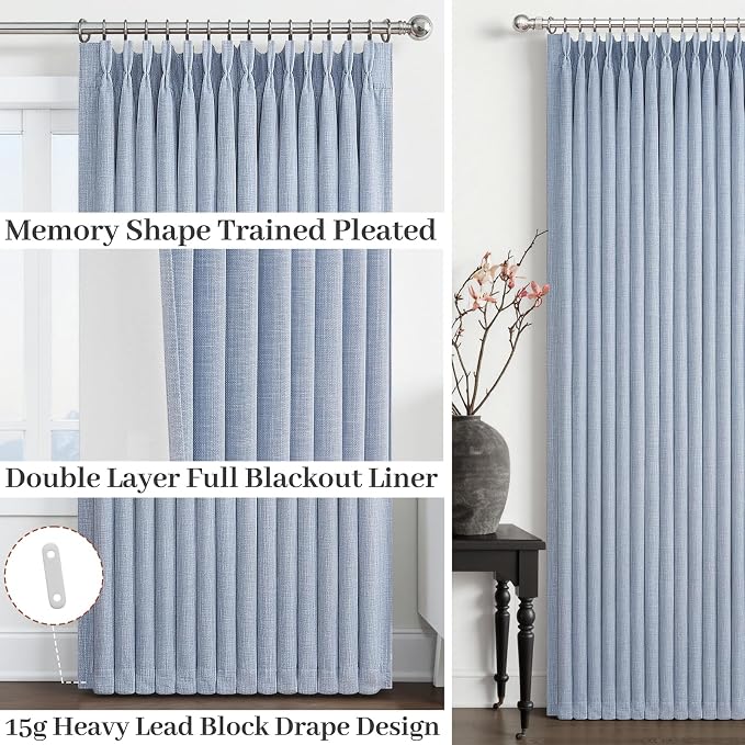 Light Blue Pinch Pleated Two Layer Thick Linen Curtains 90 Inches Long - Image 4