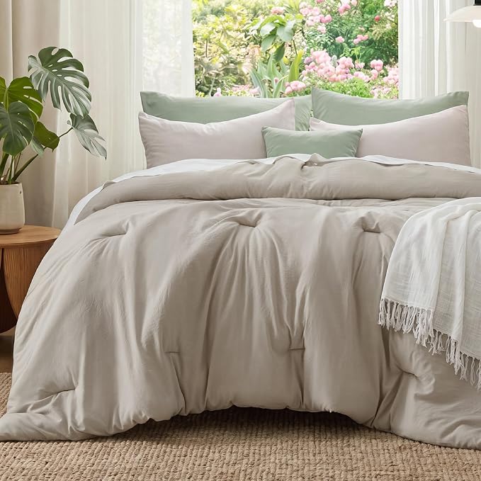 Bedsure Queen Comforter Set, Muted Linen Soft Prewashed Bedding - Image 2