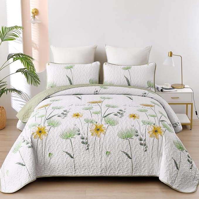 Dinjoy King Quilt Set, 3 Pieces Boho Floral Bedspreads, Fall Flower Bedding | by DINJOY