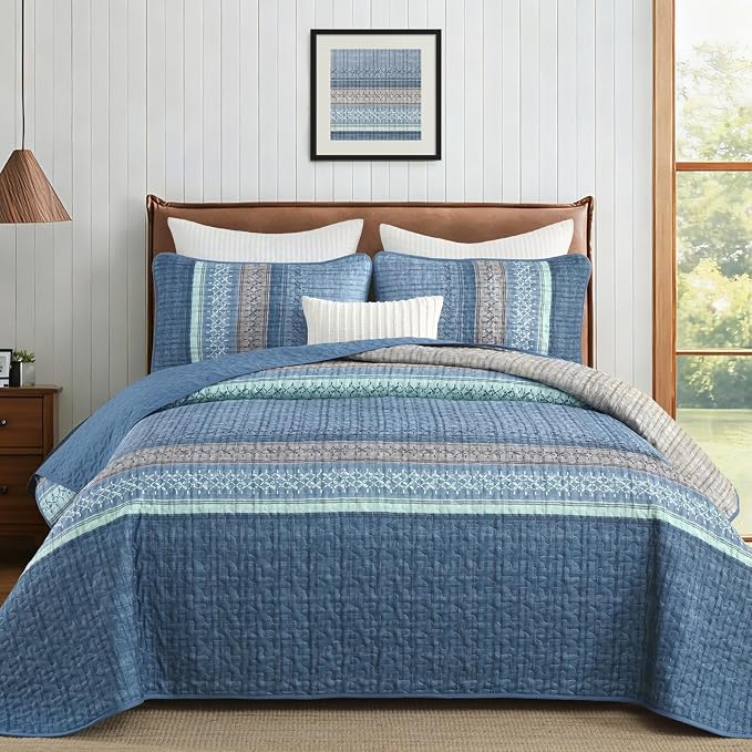 Cottolester Blue Quilt Set Full, Lightweight Microfiber Bedspread Coverlet Set by Cottolester