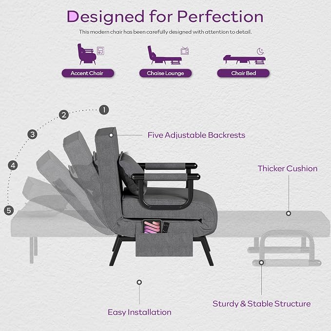 TYBOATLE Sleep Chair Bed, Sleeper Chair, Small Folding Sofa Bed, Dark Grey | - Image 5