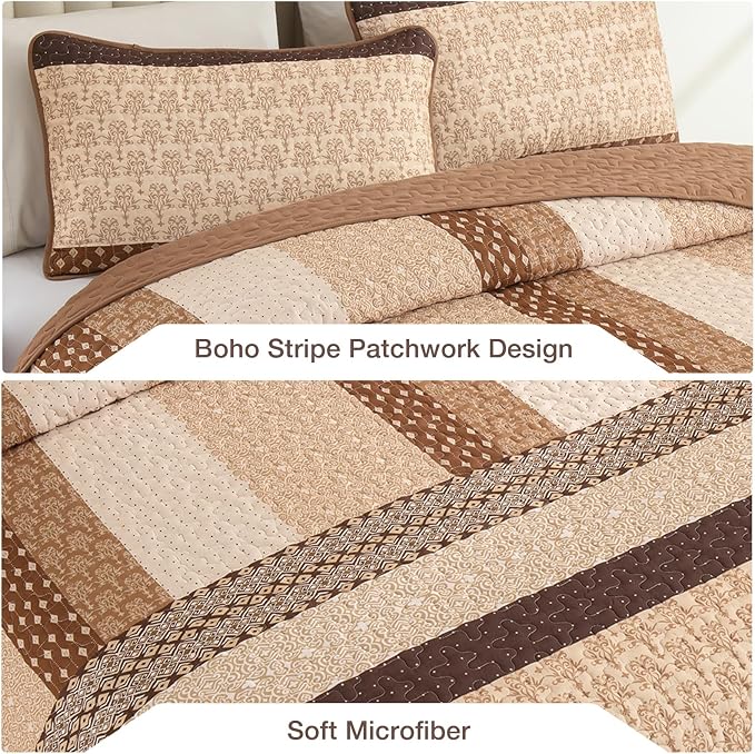 WONGS BEDDING Brown Stripe Quilt Set, 3 Pieces Boho Bedspread Queen Size | - Image 5