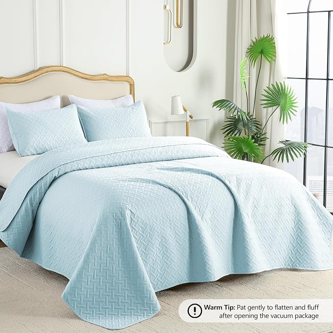 FLYMME Quilts Queen Size, Lightweight Sky Blue Bedspreads, Basket Weave Pattern - Image 2