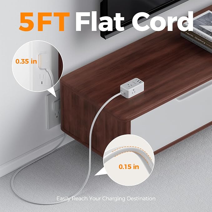 TESSAN Small Flat Plug Power Strip, Ultra Thin Extension Cord 5 ft, 1 - Image 3