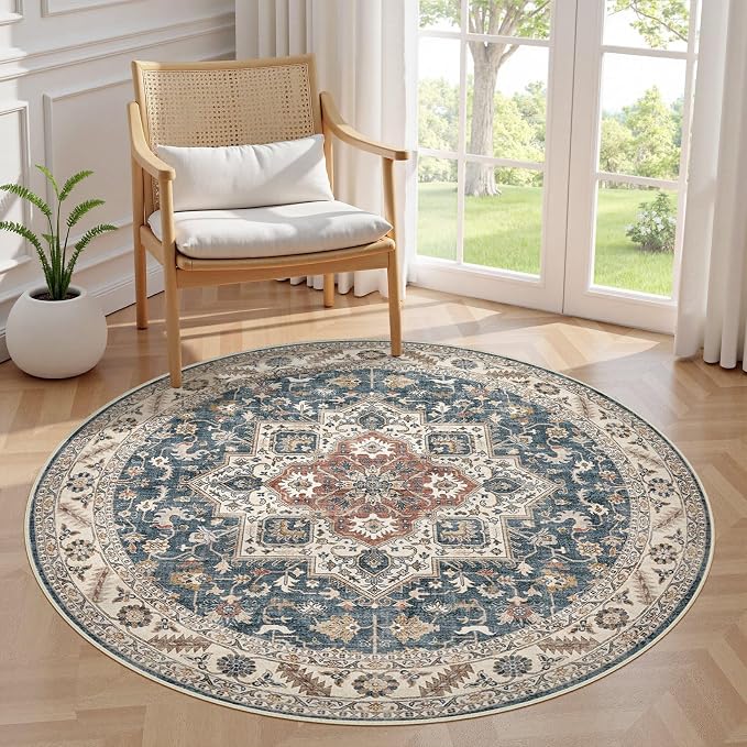 cotiled 5ft Round Living Room Area Rug, Traditional, Vintage Blue | Soft by COTILED