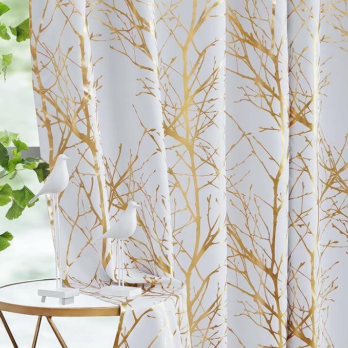 FMFUNCTEX 100% Blackout Ivory Gold Foil Tree Curtains 45 Inch Long 2 Panels | by Fmfunctex