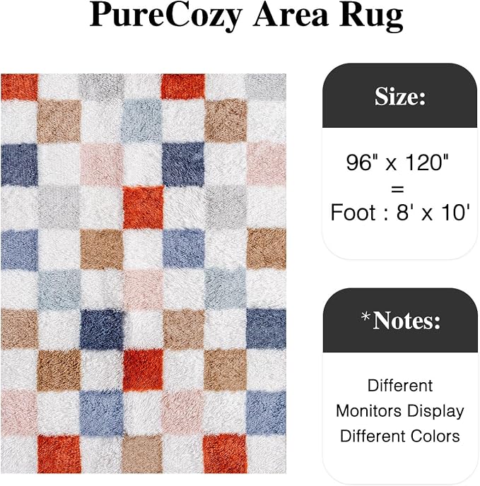Checkered Area Rug 8x10 for Living Room Soft Fluffy Shag Carpet | Machine - Image 3