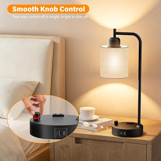 Industrial Table Lamps with Linen Shade, 2 LED Bulbs Included - Image 4