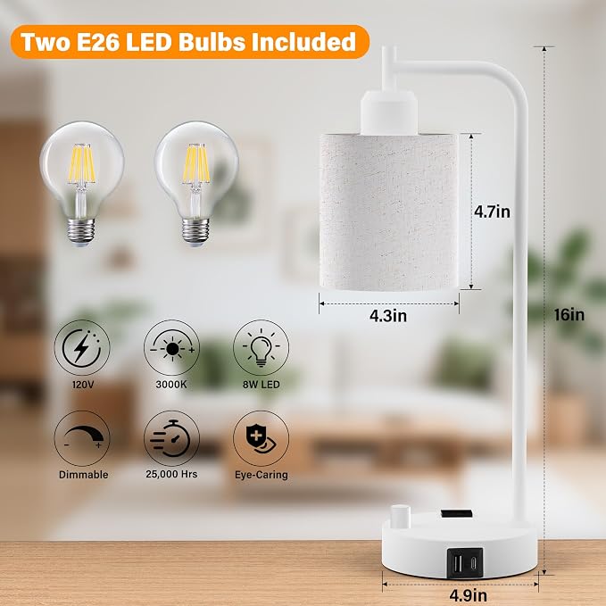 Industrial Table Lamps with Linen Shade, 2 LED Bulbs Included - Image 3