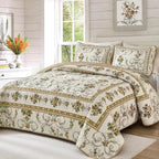 Anibedding Floral Quilt Set Queen, Retro Brown Flower Quilts 3PCs Bedspread | - Image 2