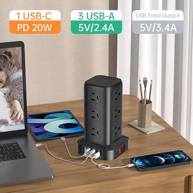 Extension Cord with Multiple Outlets, SMALLRT Surge Protector Power Strip Tower - Image 3