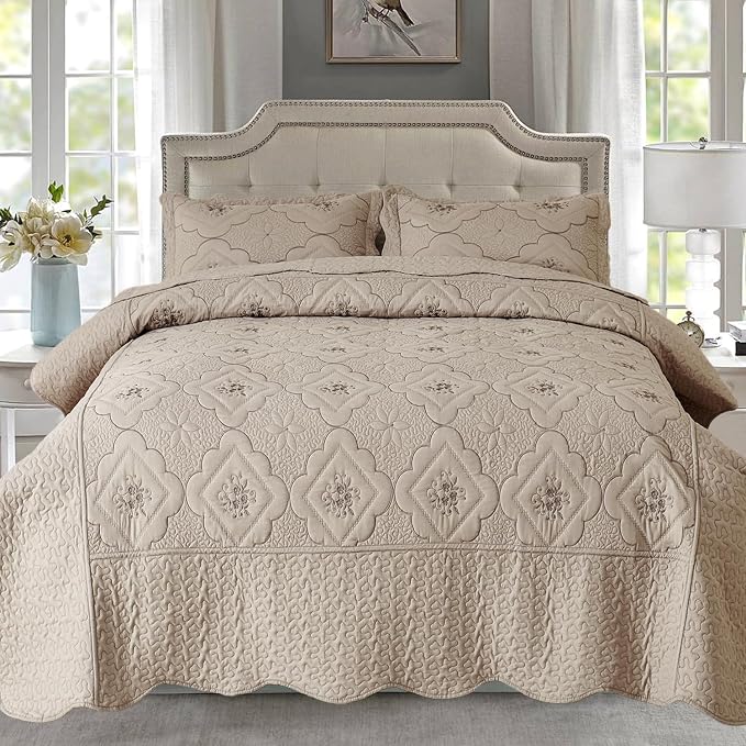 Cmfshape Oversized Floral Embroidery Quilt Set, 3 Pieces Super King Quilt by cmfshape-quiltset