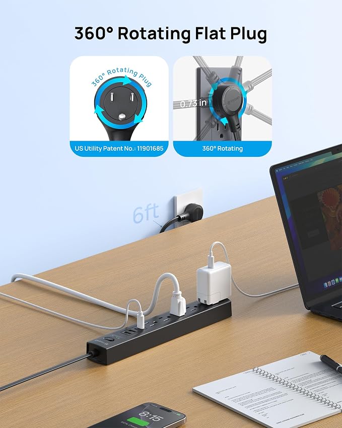 TROND 360° Rotating Flat Plug Surge Protector Power Strip, 5 Widely Spaced - Image 2