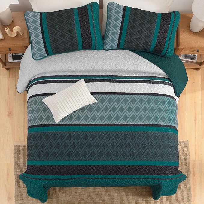 Dinjoy Quilts King Size, Striped Bedspread Bedding Sets, Dark Green | 3 Pieces - Image 7