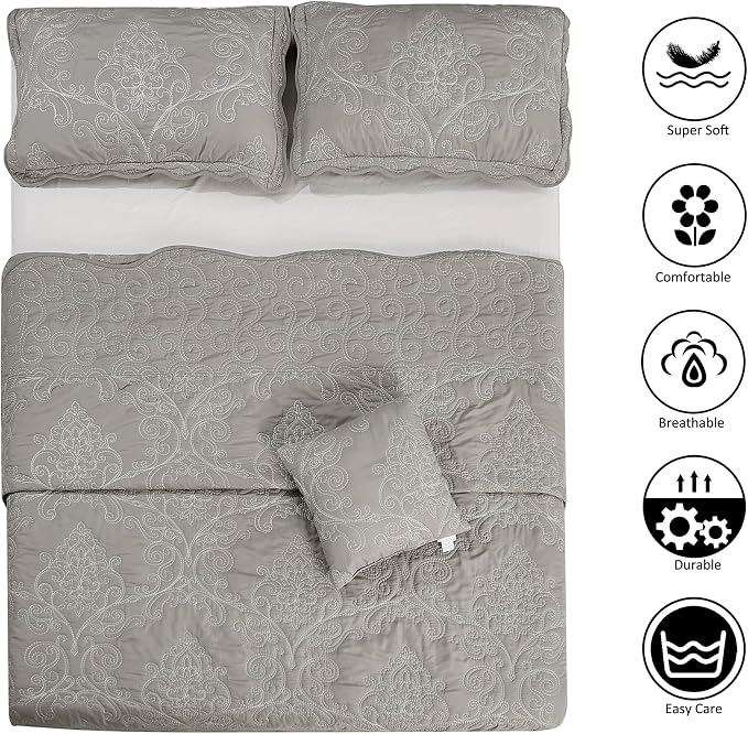 Home Soft Things Damask 4 Piece Bedspread Set, Scalloped Edge Reversible - Image 3