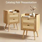 Rattan Nightstand with Charging Station, Bedside Table with 2 Drawers | Night - Image 4