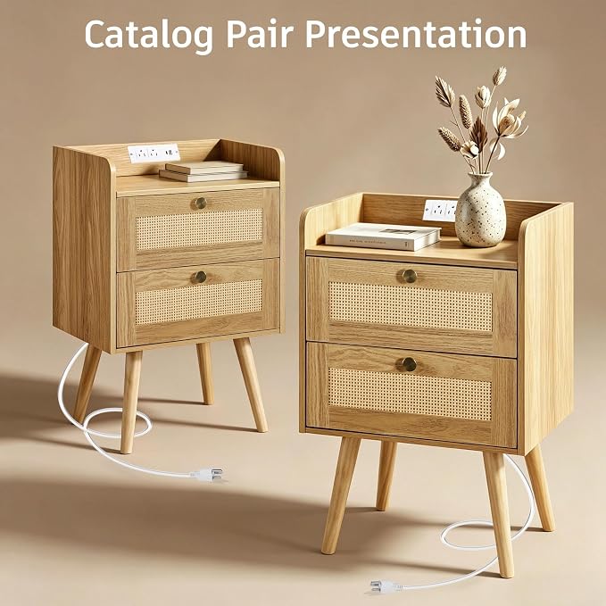Rattan Nightstand with Charging Station, Bedside Table with 2 Drawers | Night - Image 4