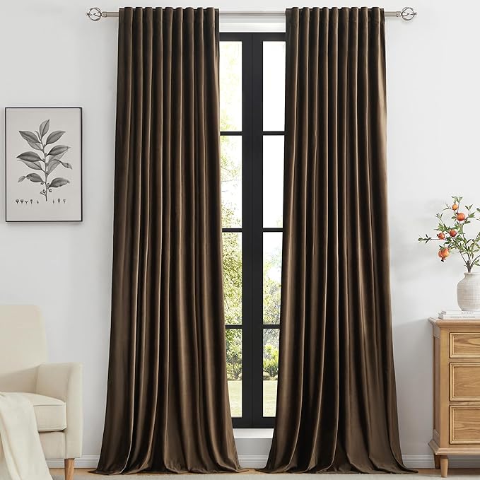 PRIMROSE Brown Velvet Curtains 96 inch Long by PRIMROSE