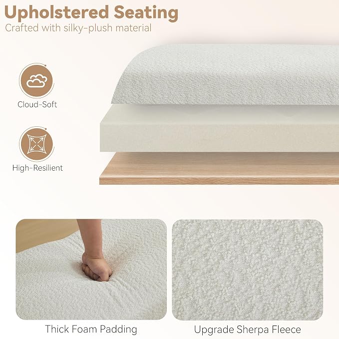 Upholstered Entryway Bench, Curved Armrests, Solid Wood Frame, End of Bed - Image 3
