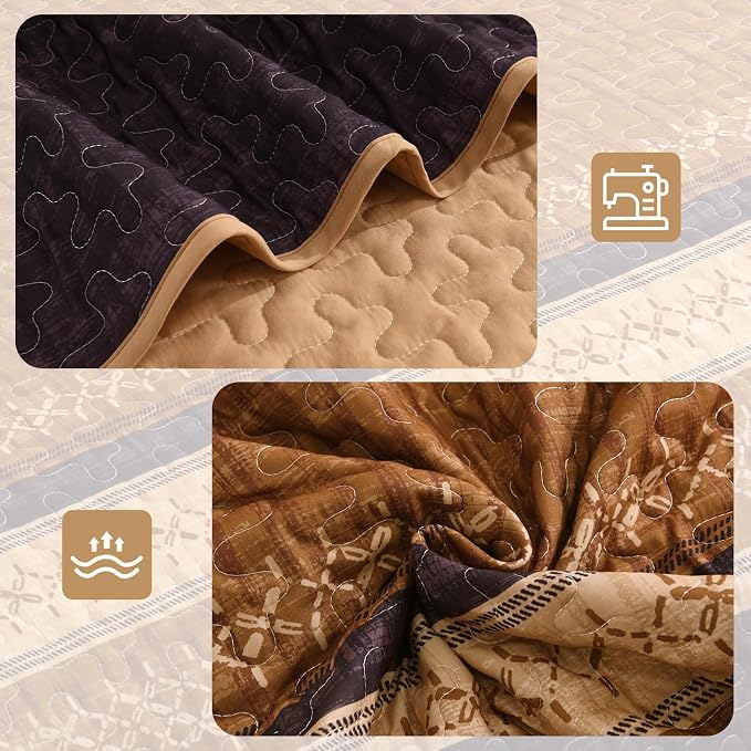 Cottolester Fall Quilt Set Queen, Burnt Orange Striped Patchwork Bedspread | - Image 4