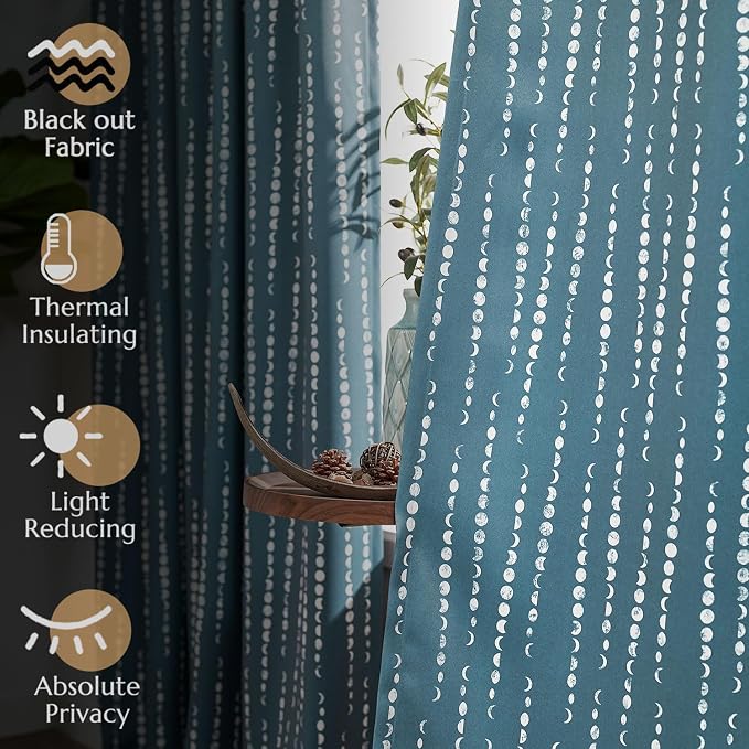 jinchan Boho Blackout Curtains 84 Inches Long Moon Phase Printed Drapes | Blue - Image 6