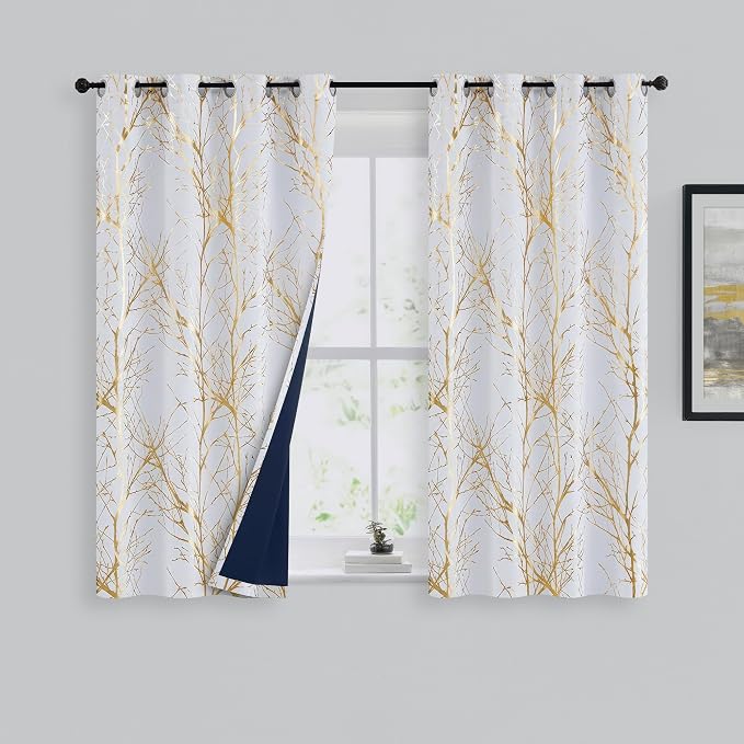 FMFUNCTEX 100% Blackout Ivory Gold Foil Tree Curtains 54 Inch Long 2 Panels | - Image 2