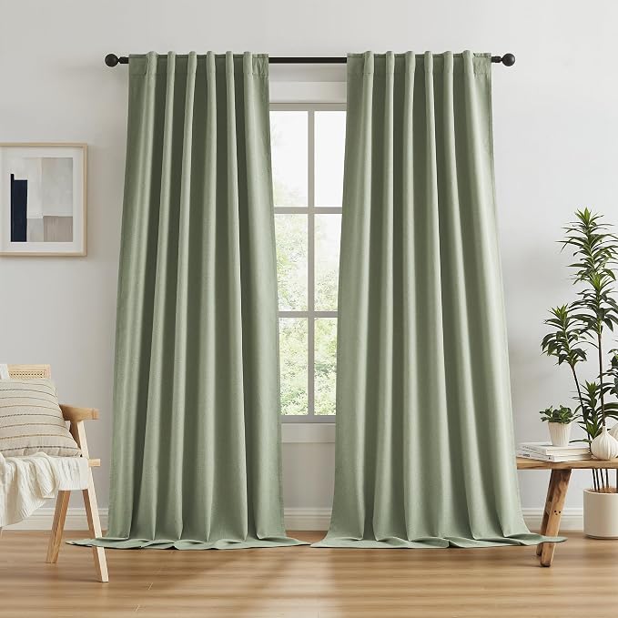 Blackout Linen Curtains 108 Inches Long, Back Tab Loop Pocket Hook Belt Long by KEQIAOSUOCAI