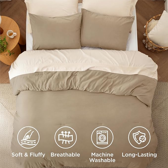 Bedsure Full Comforter Set, Khaki Soft Prewashed Bedding - Image 4