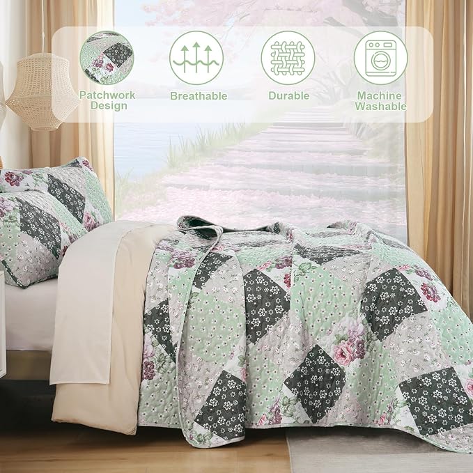 Dinjoy Boho Quilt Set King Size, Patchwork Floral Bedspreads, Reversible Summer - Image 4