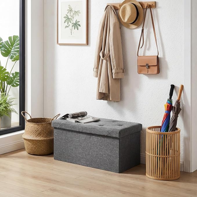 DUMOS 30 Inch Foldable Storage Ottoman Bench, Linen Fabric Hidden Storage Chest - Image 7