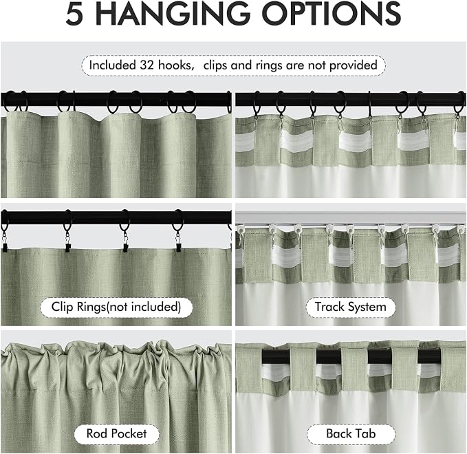 MIULEE 100% Blackout Back Tab Pleat Linen Curtains 50" Wx90 L, Sage Green | 2 - Image 6