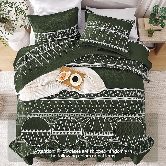 Green California King Quilt Set, 3 Pieces Boho Striped Bedspread | Soft - Image 3