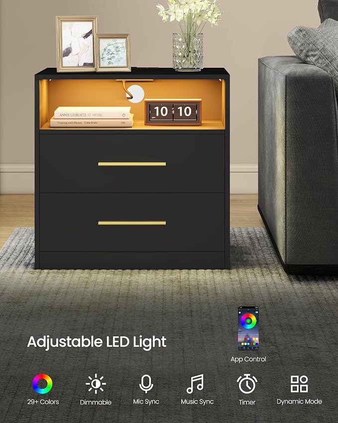 VASAGLE 23.6 Nightstands, LED Lights, Charging Station, 2 Drawers | LED Lights - Image 5