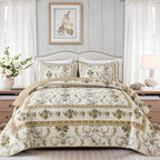 Anibedding Floral Quilt Set Queen, Retro Brown Flower Quilts 3PCs Bedspread | by Anibedding