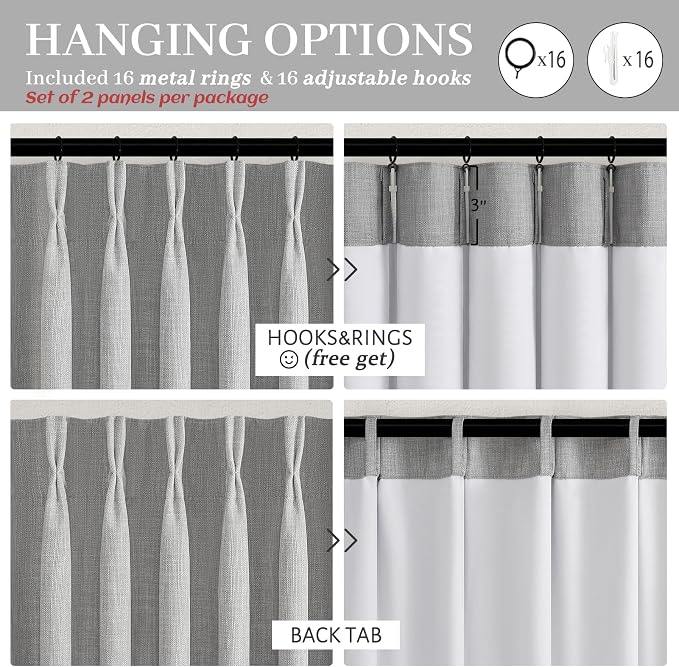 PleatedDrapes Light Grey Dual Layer Linen 92 Inch Office Curtains 2 Panels Set - Image 8